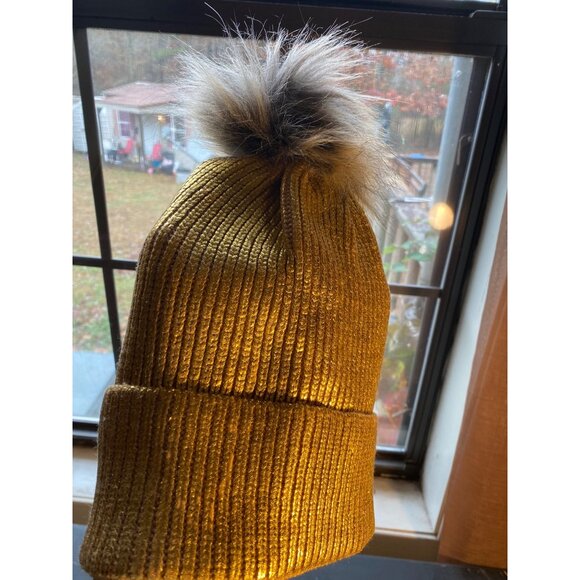 Gold Ribbed Beanie With Faux Fur Pom-Pom  Made From Recycled Materials  One Size - Picture 4 of 4